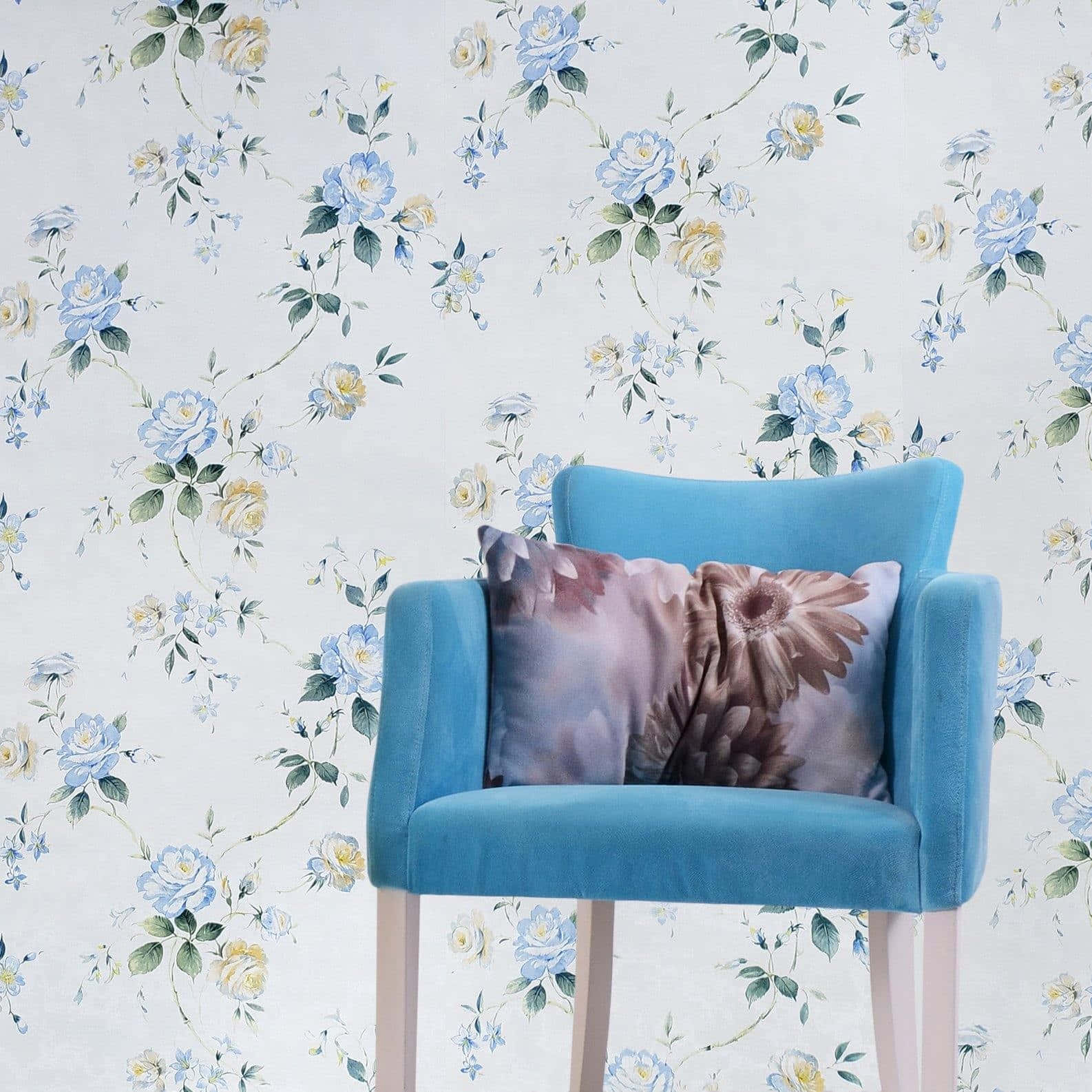 Blue Floral Armchair Interior Design Wallpaper