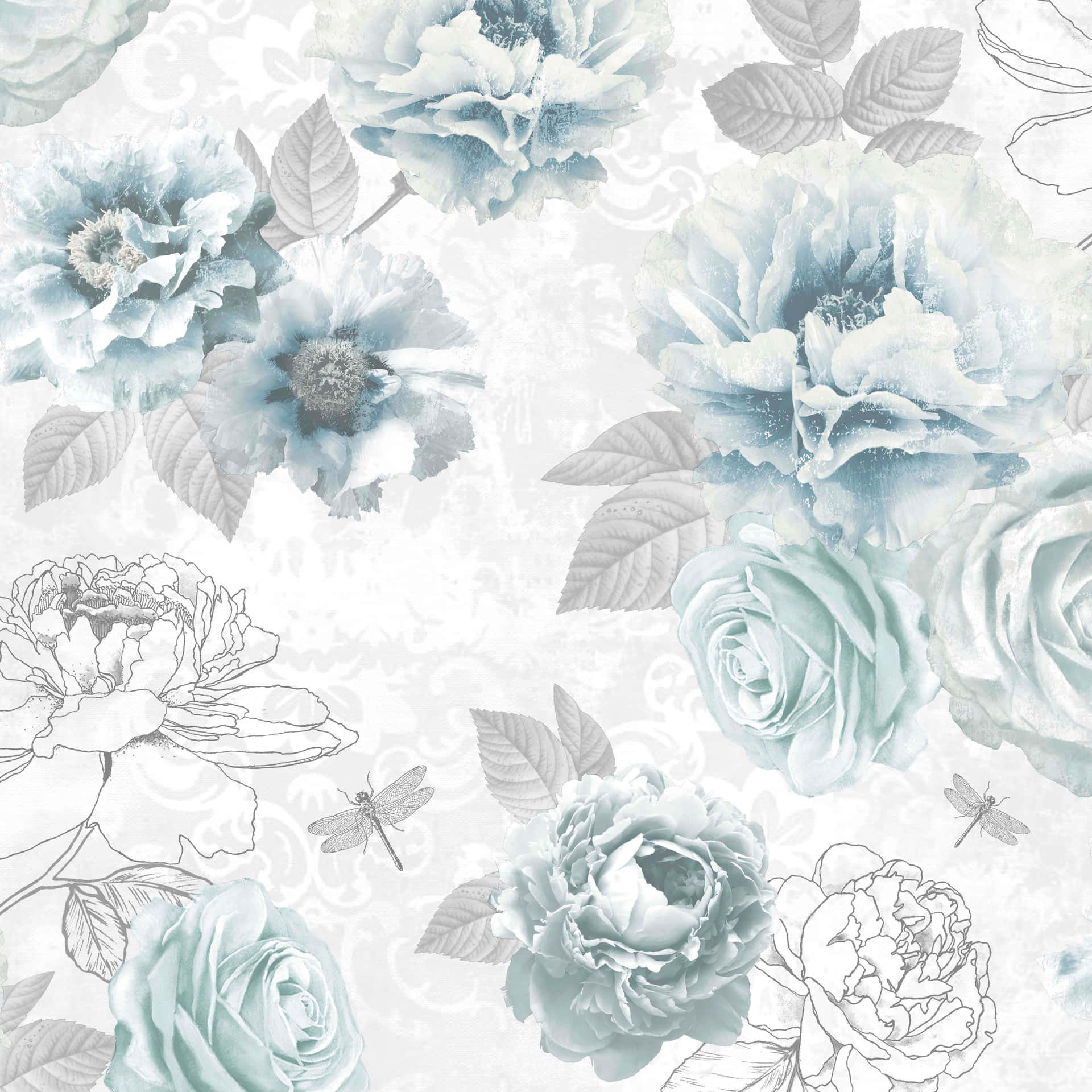 A Blue And White Floral Wallpaper With A Dragonfly