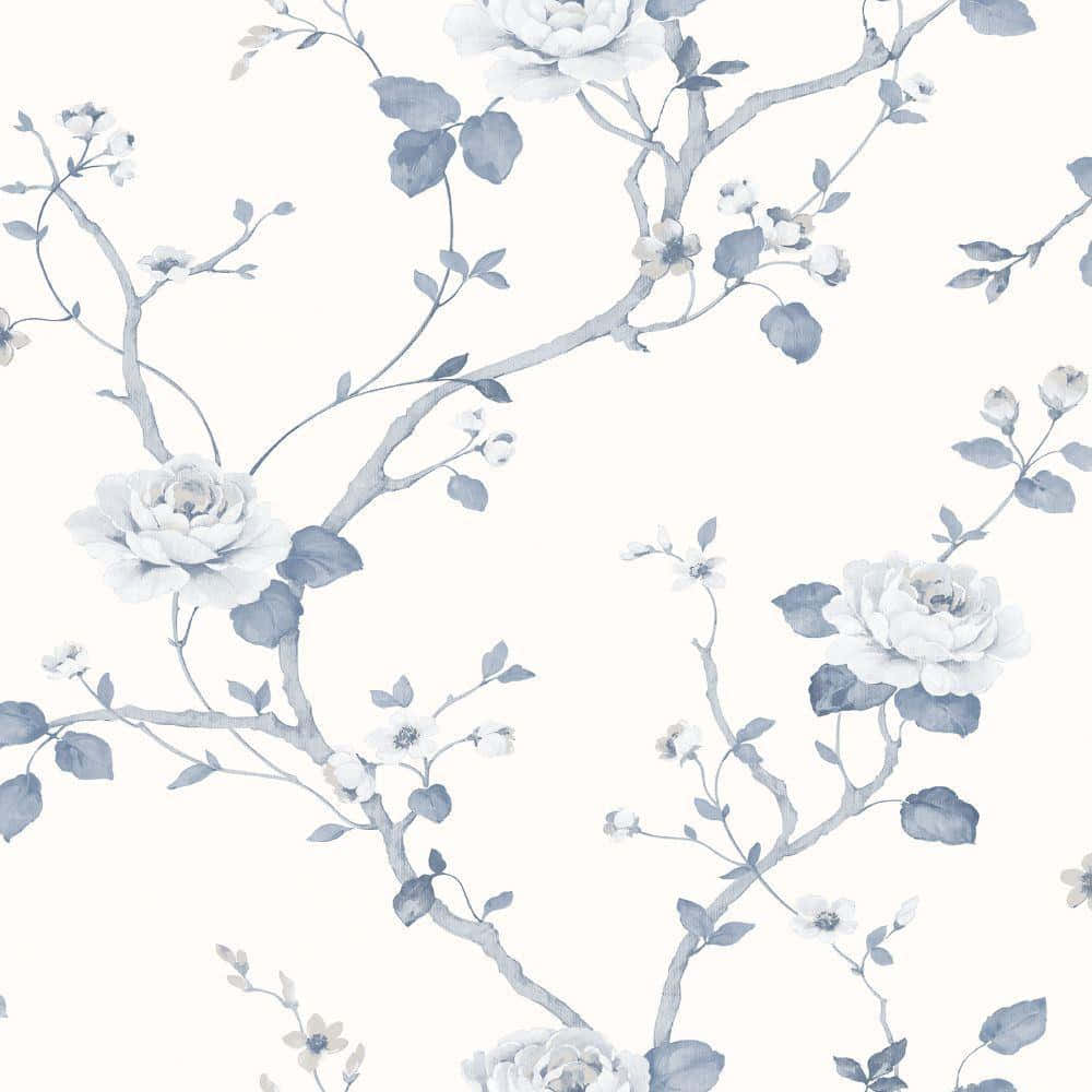 A Wallpaper With Blue Flowers And Leaves