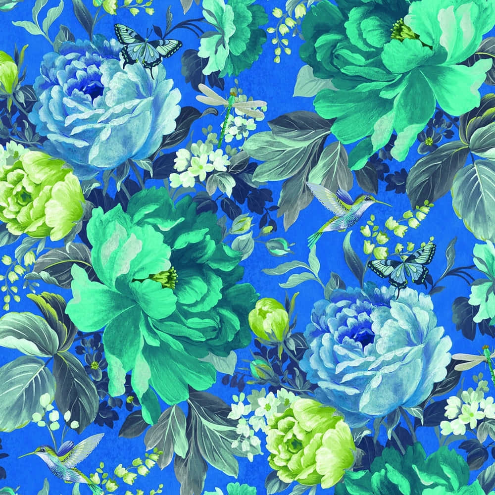 A vibrant backdrop of delicate blue florals.