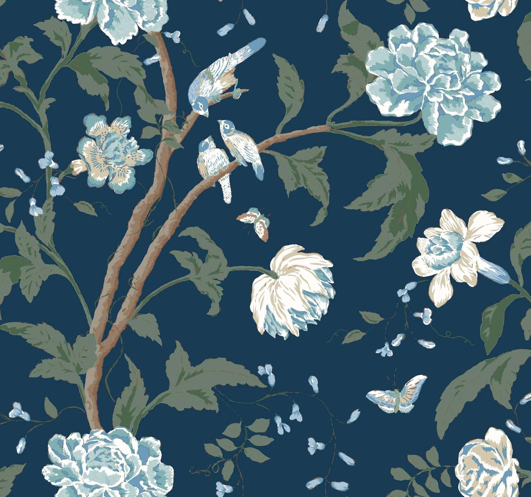 Blue Floral Bird Pattern Design Wallpaper