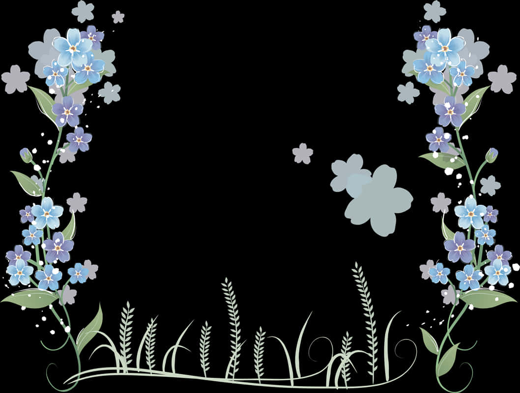 Blue Floral Frame Black Background PNG