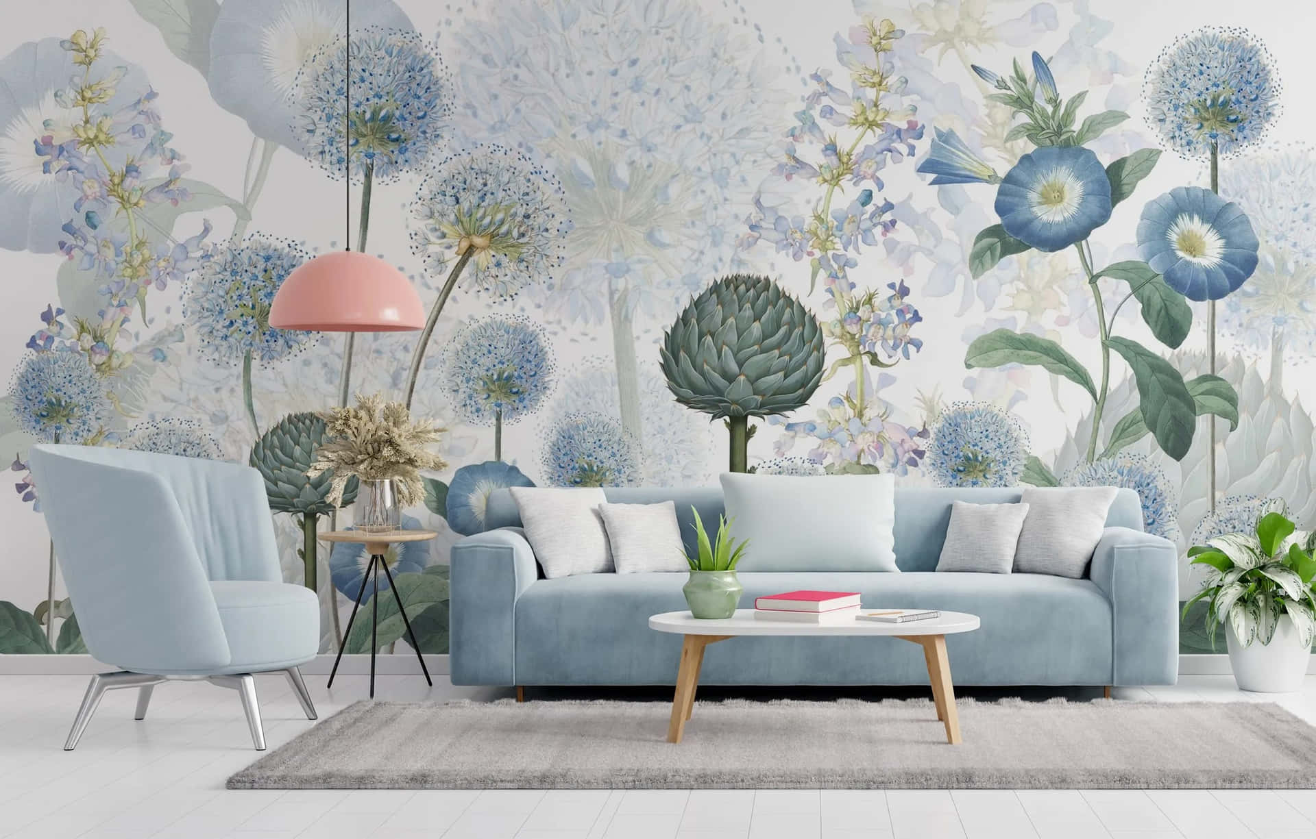 Blue Floral Living Room Decor Wallpaper