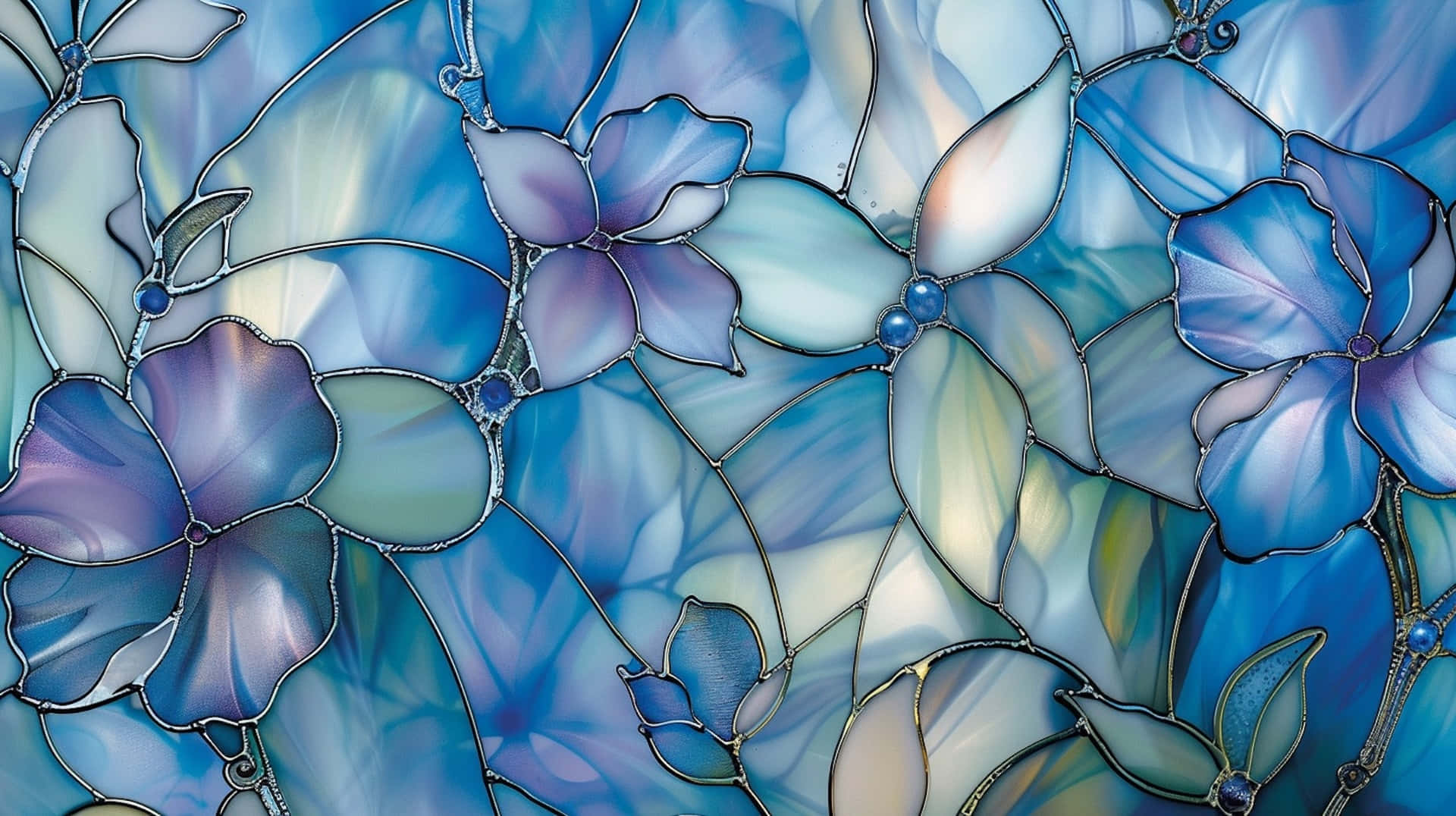 Blue Floral Stained Glass Wallpaper