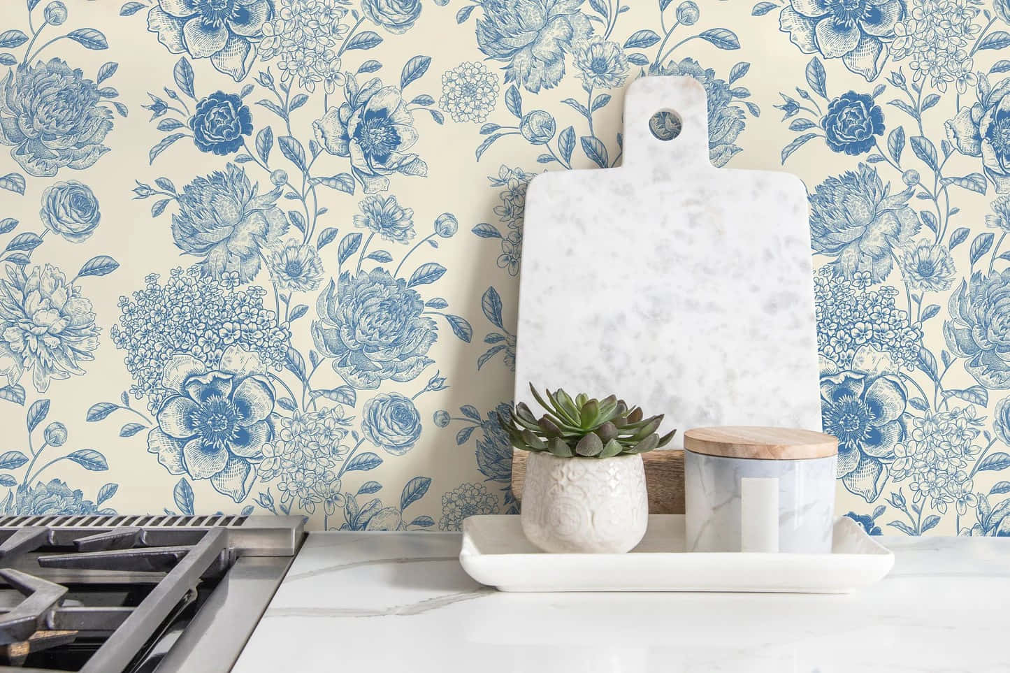 Blue Floral Wallpaper Kitchen Decor Wallpaper