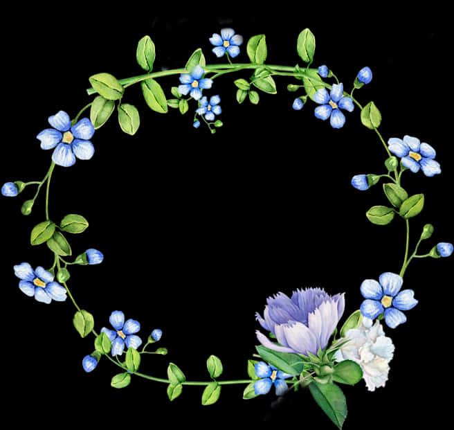 Blue Floral Wreathon Black Background PNG