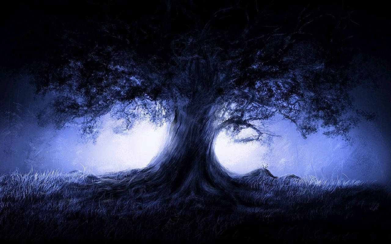 A Nighttime Look at a Gothic Tree Wallpaper