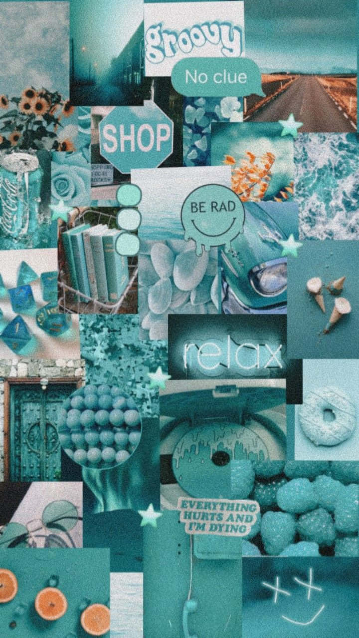 Collagede Fotos Estético En Tonos Azules Y Verdes. Fondo de pantalla
