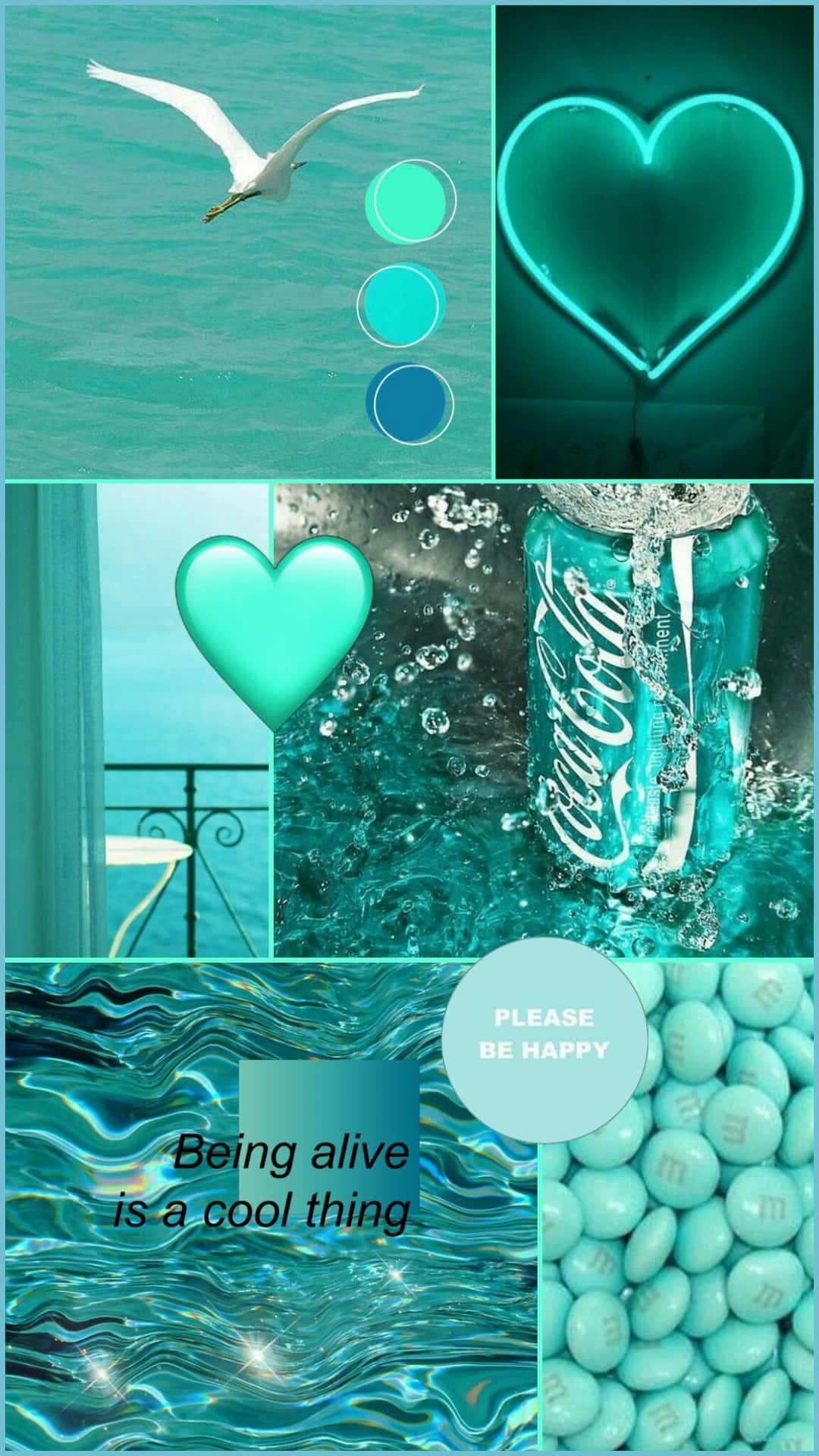 Estéticade Coração Azul Verde Com Compilação De Latas De Coca-cola. Papel de Parede