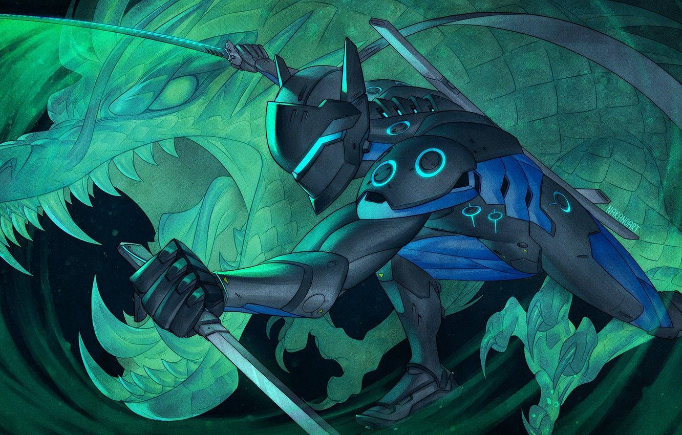 Cyborg Ninja Genji Shimada Azul E Verde Papel de Parede