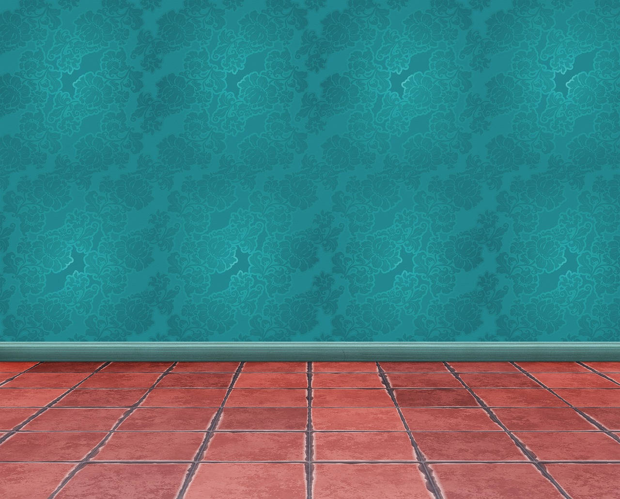 Blue Green Wallpaper With Red Oxide Floor Tiles Picture