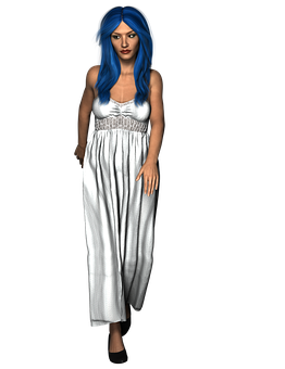 Blue Haired Animated Characterin White Dress PNG