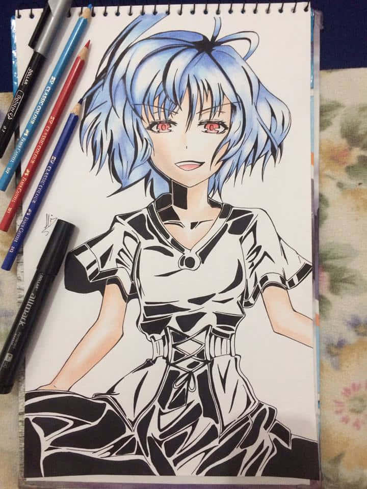 Croquis De Personnage Anime Aux Cheveux Bleus Fond d'écran