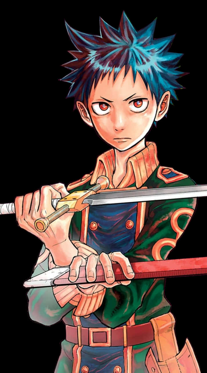 Blue Haired Anime Character With Sword PNG