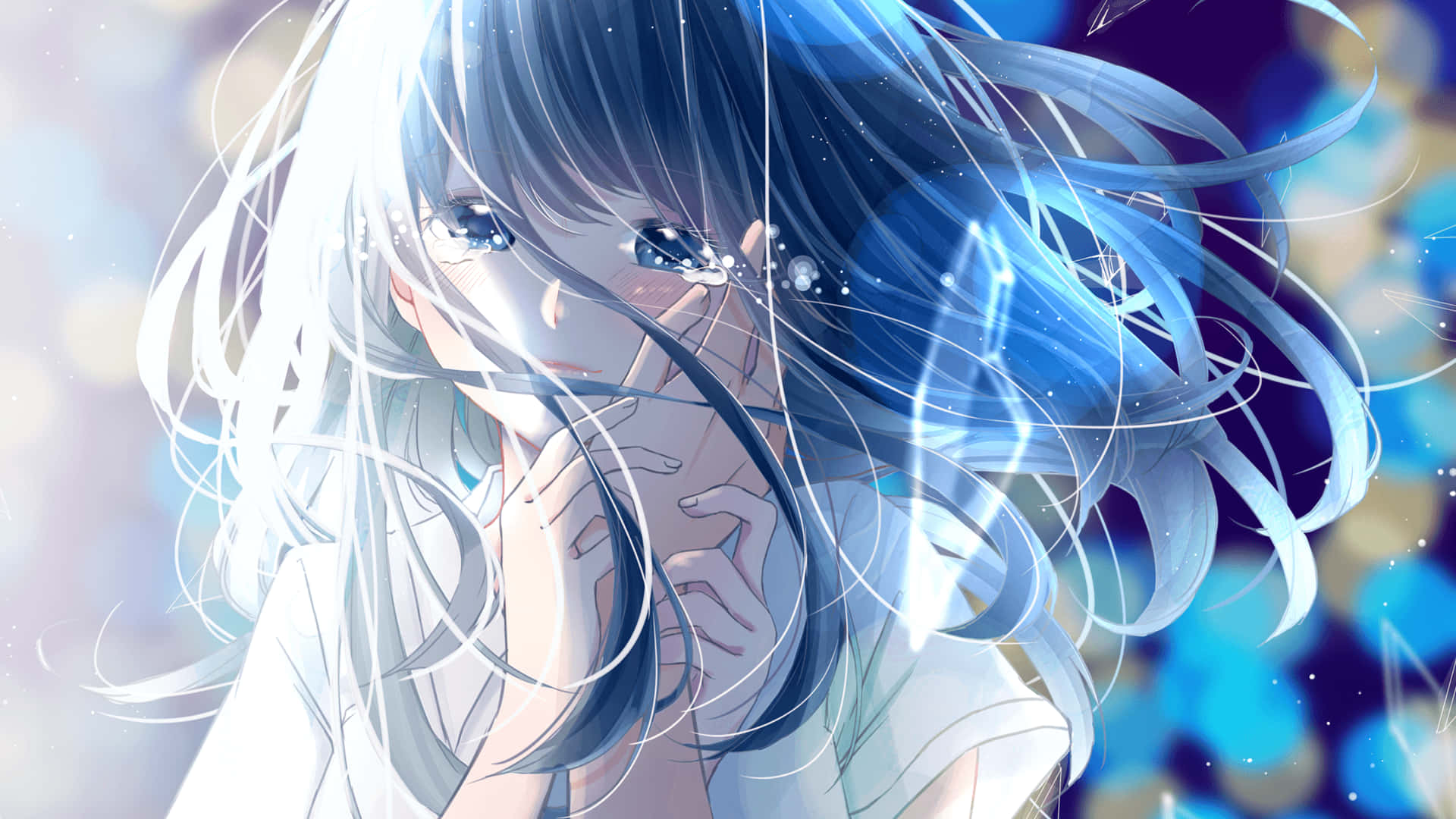 Blåhåret Anime pige græder Wallpaper