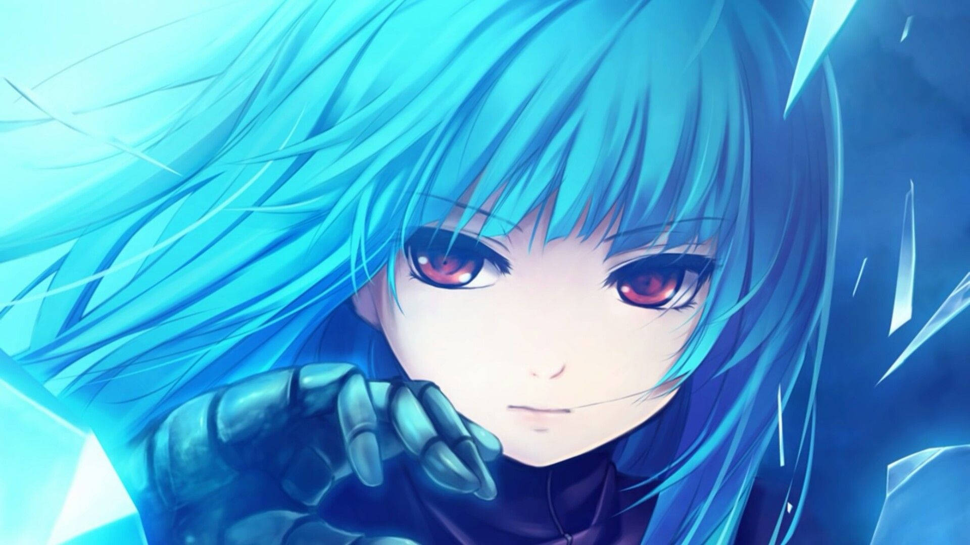 Blue haired anime girl with red fierce eyes and a metal hand wallpaper