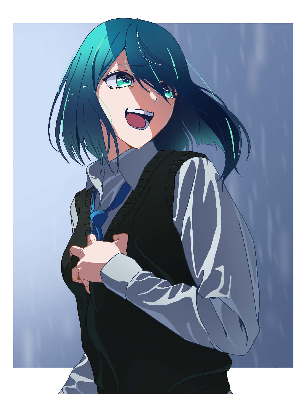 Blue Haired Anime Girl Rainy Backdrop Wallpaper