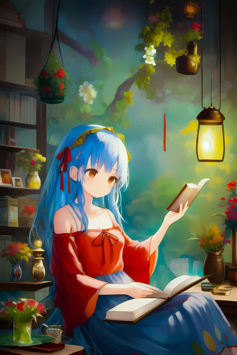 Blue Haired Anime Girl Reading Wallpaper