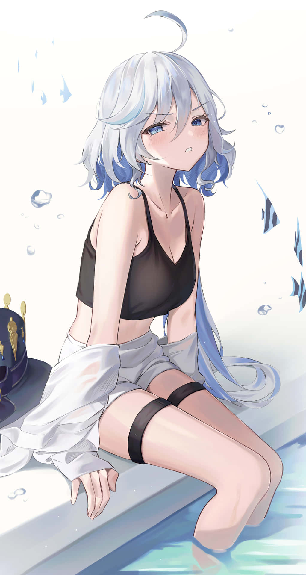 Blue Haired Anime Girl Sittingby Water Wallpaper