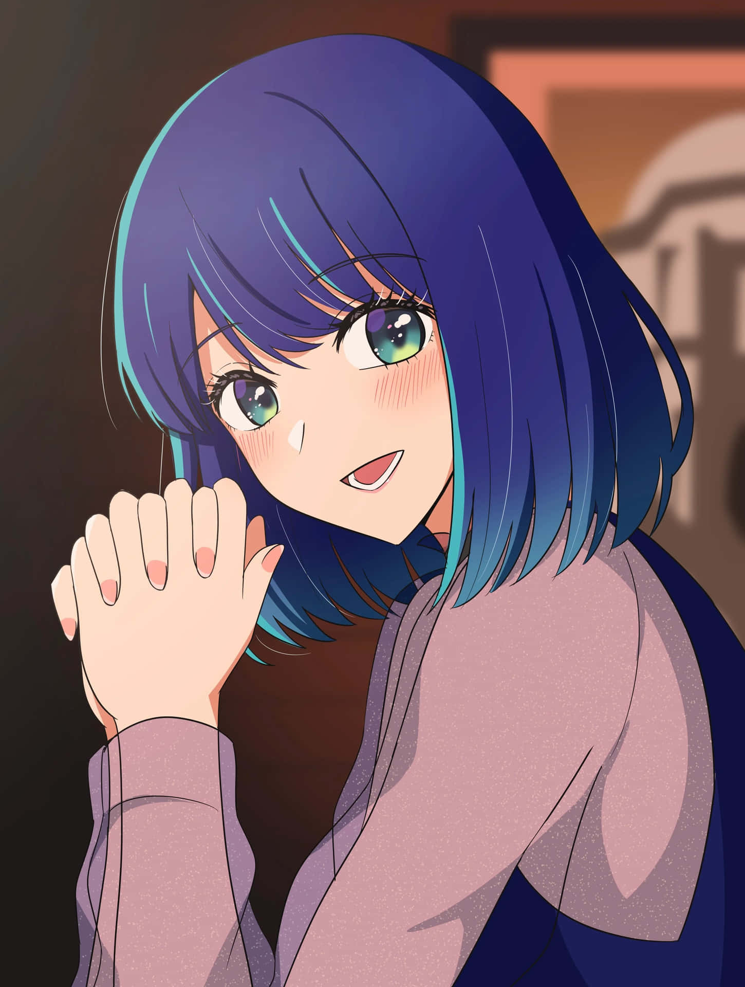 Blue Haired Anime Girl Smiling Wallpaper