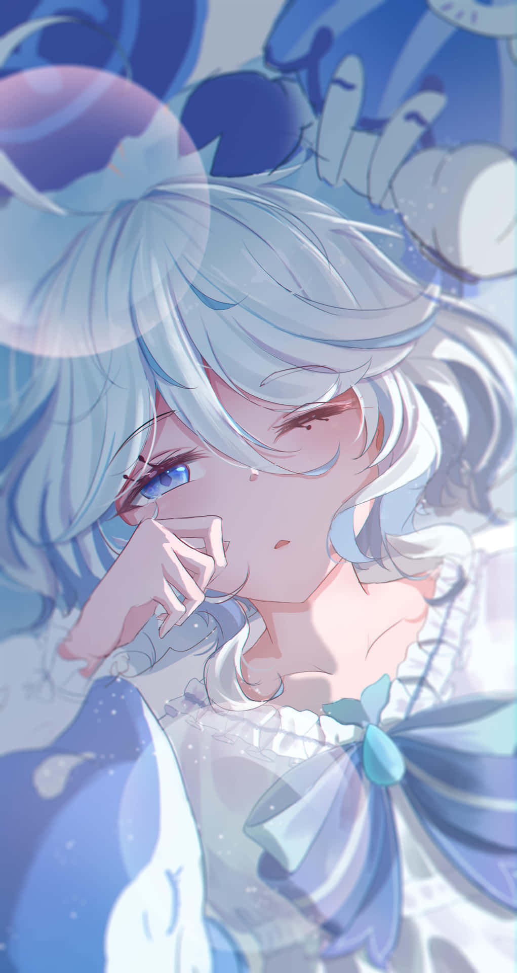 Blue Haired Anime Girl Tearful Glance Wallpaper