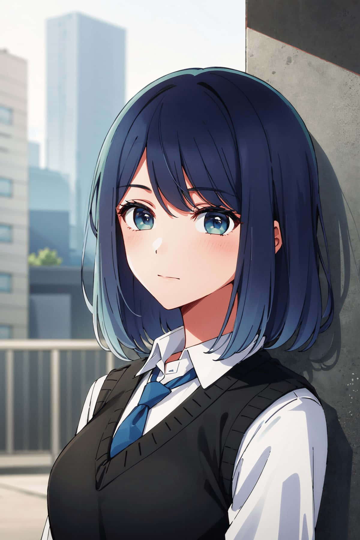 Blue Haired Anime Girlin City Wallpaper
