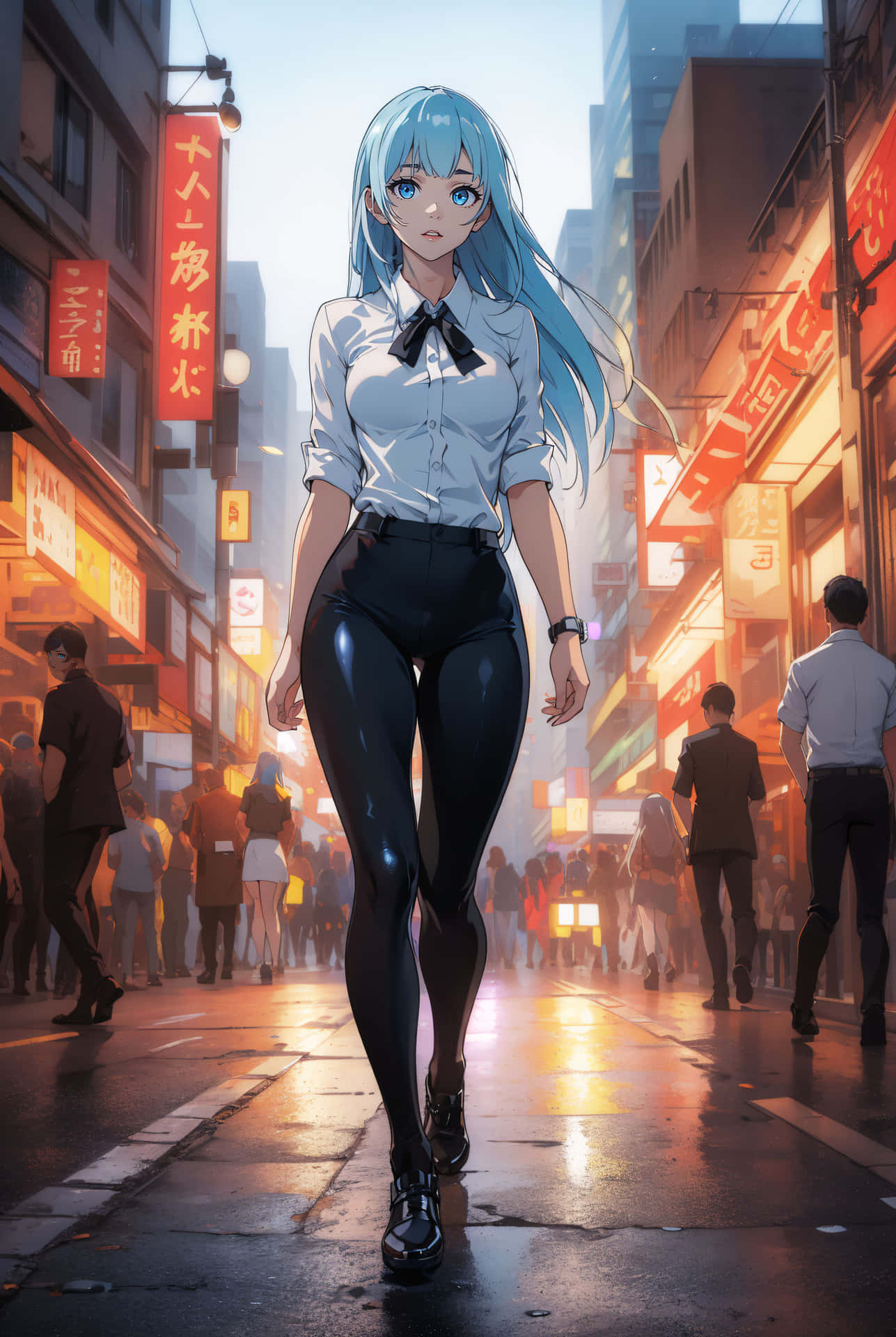 Blue Haired Anime Girlin Cityscape Wallpaper