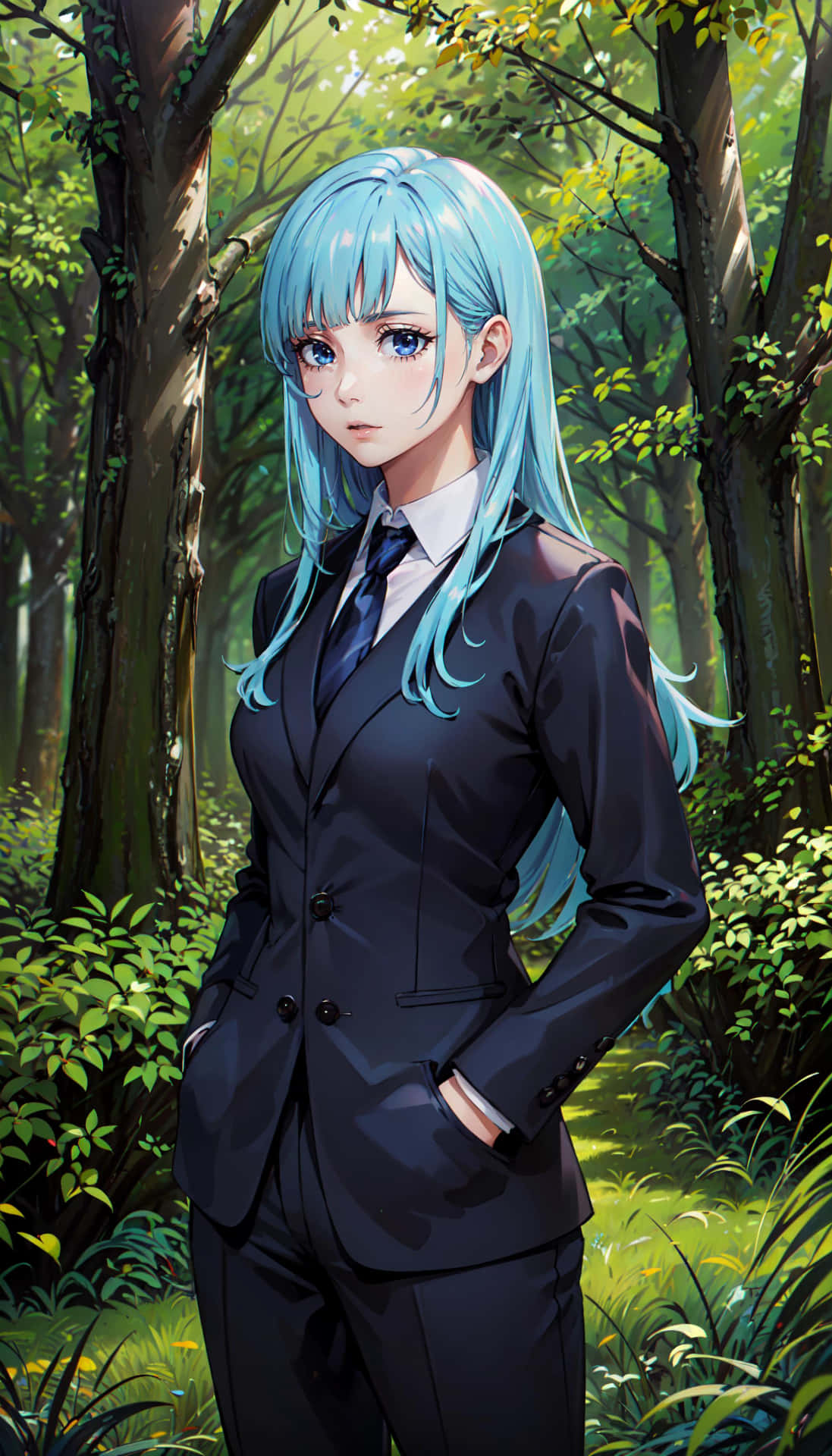 Blue Haired Anime Girlin Forest Suit Wallpaper