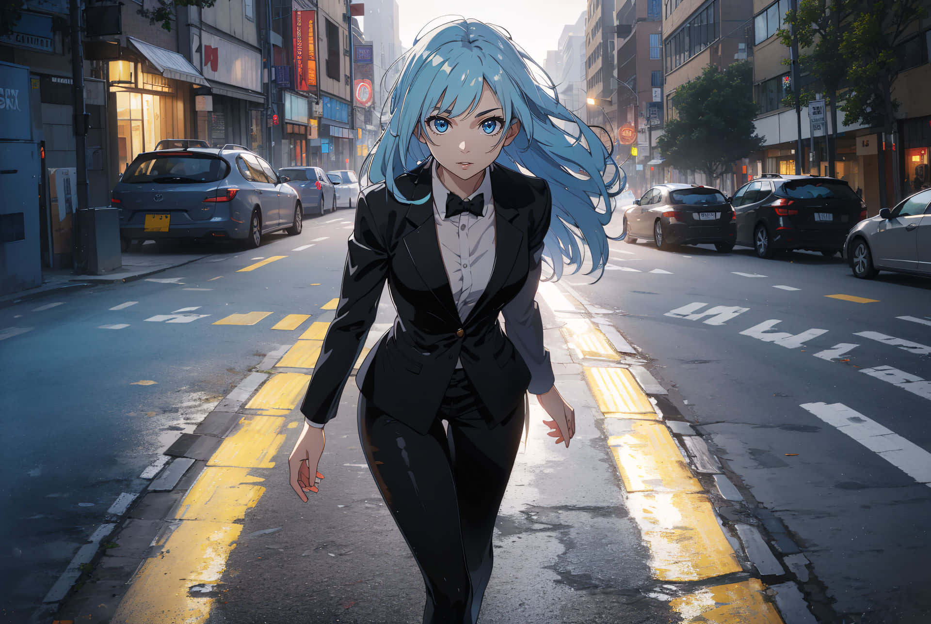 Blue Haired Anime Girlin Suit Walkingin City Wallpaper