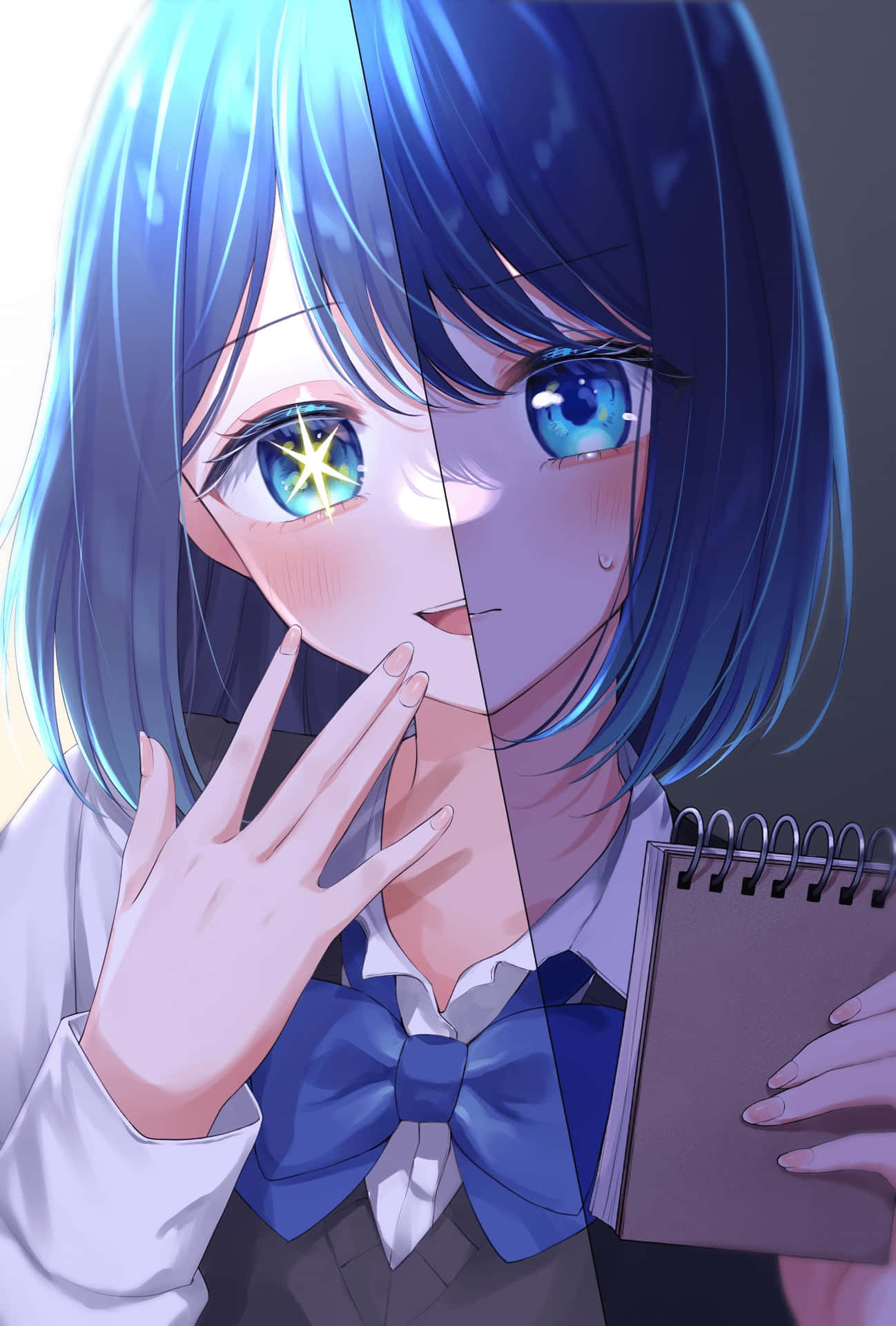 Blue Haired Anime Girlwith Notebook Wallpaper