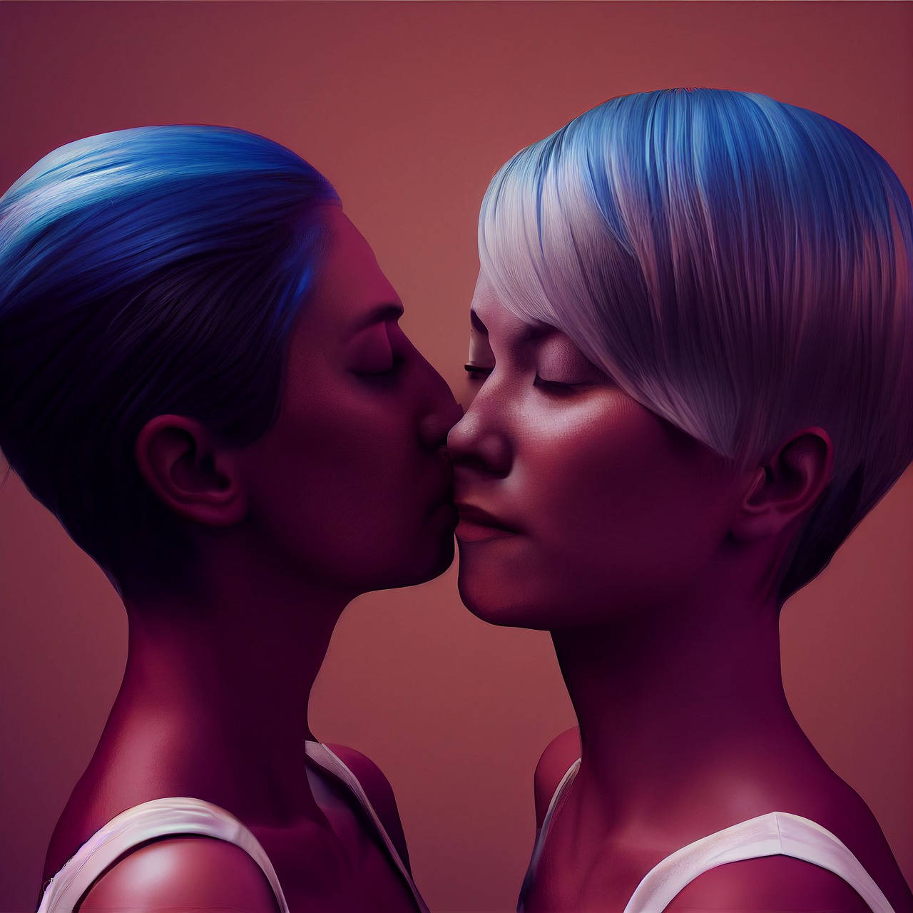 Blue-Haired Girls Kissing Wallpaper