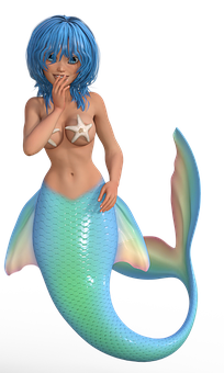 Blue Haired Mermaid Starfish Bikini PNG