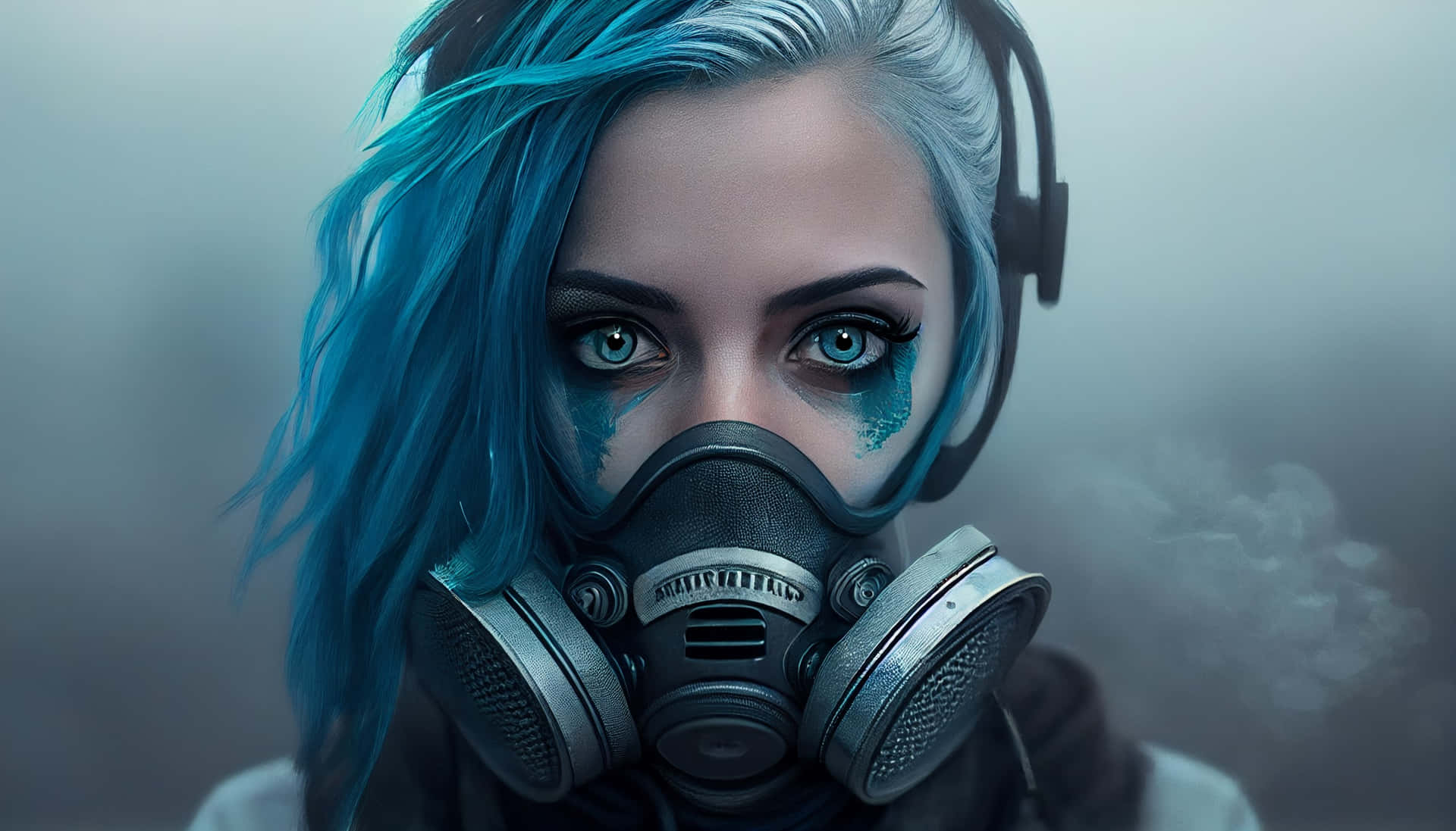 Blue Haired Woman With Gas Mask And Headphones Wallpaper