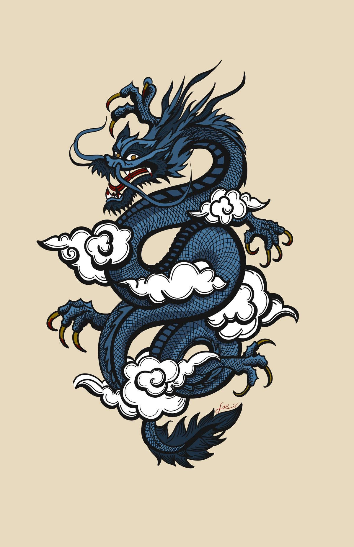 Tatuagemde Dragão Japonês Azul Arte Vetorial. Papel de Parede