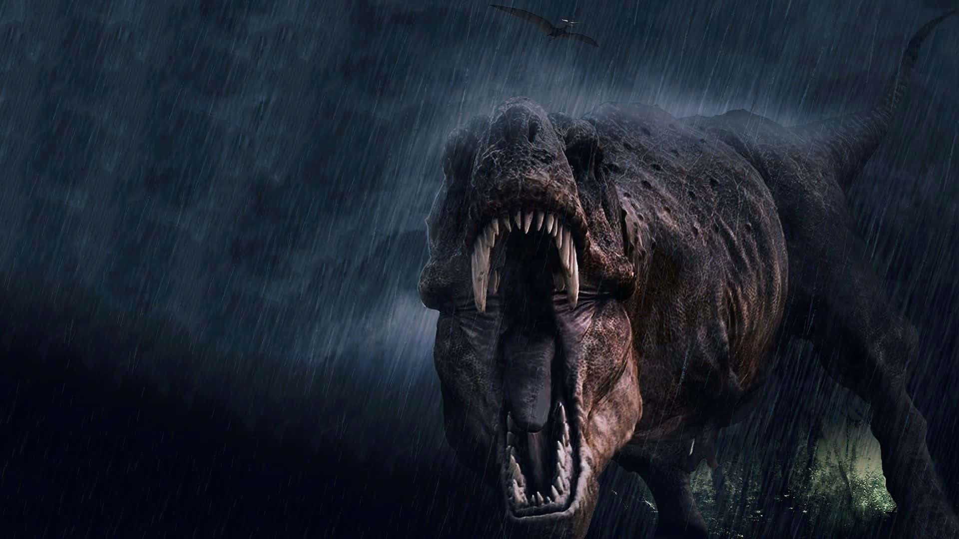 En dinosaur går i regnen med åben mund Wallpaper