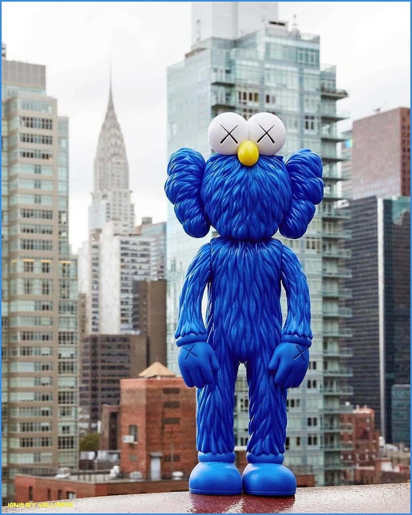 Blue Kaws Figure Urban Skyline Wallpaper