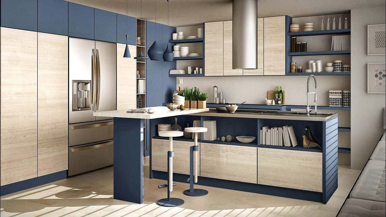 Blue L-shaped Modular Kitchen Picture