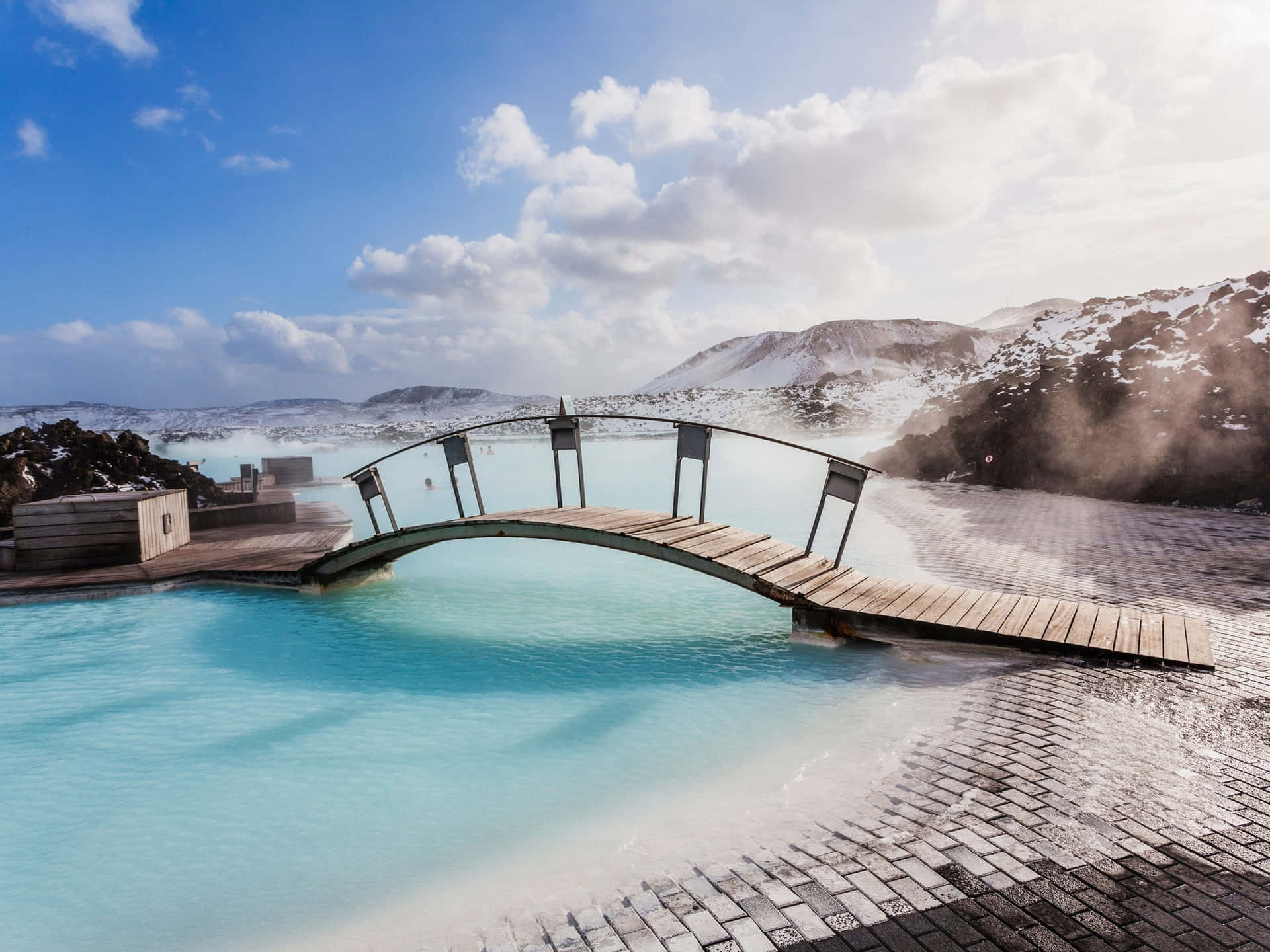 Blue Lagoon With Small Bridge Nature Photography Wallpaper
