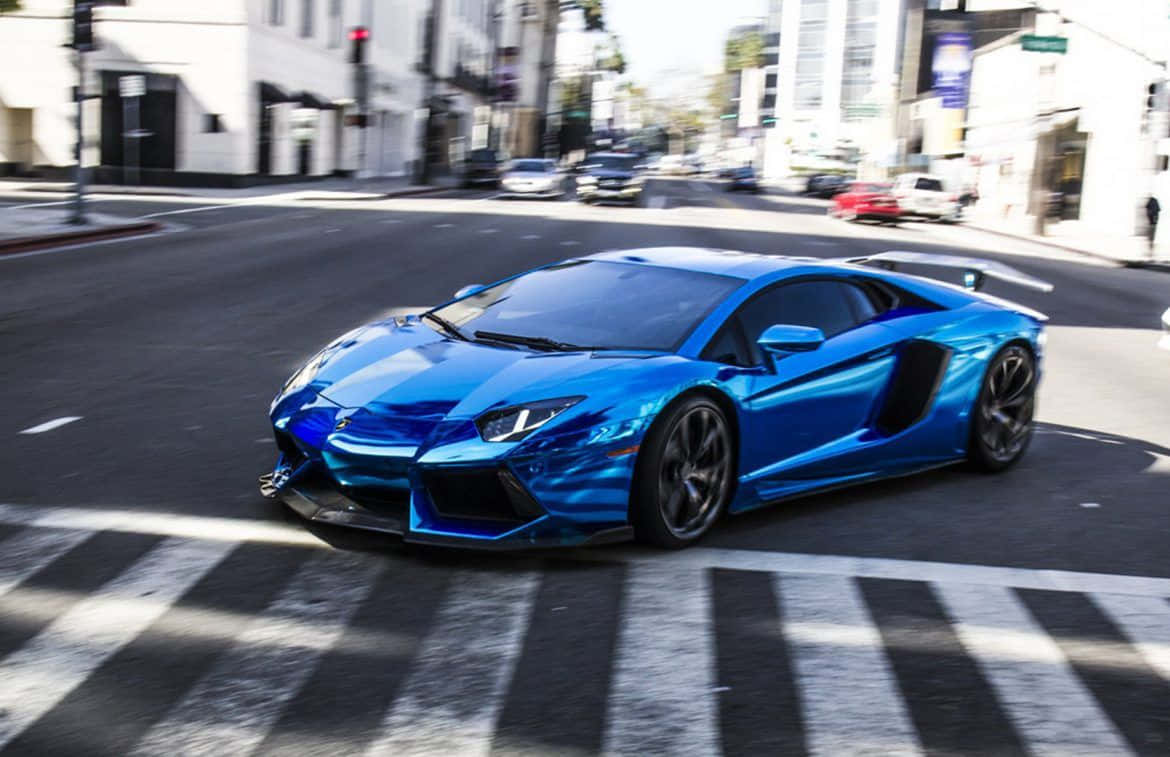 Action Shot Blue Lamborghini Aventador Wallpaper