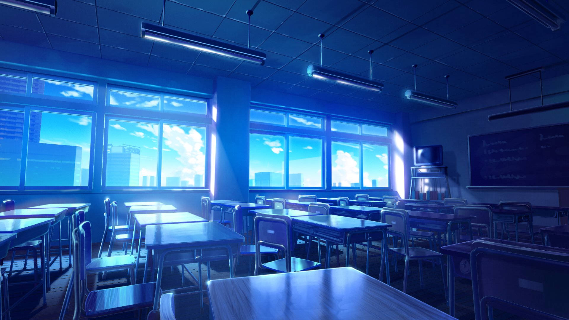 Blauebeleuchtung In Einem Anime-klassenraum. Wallpaper