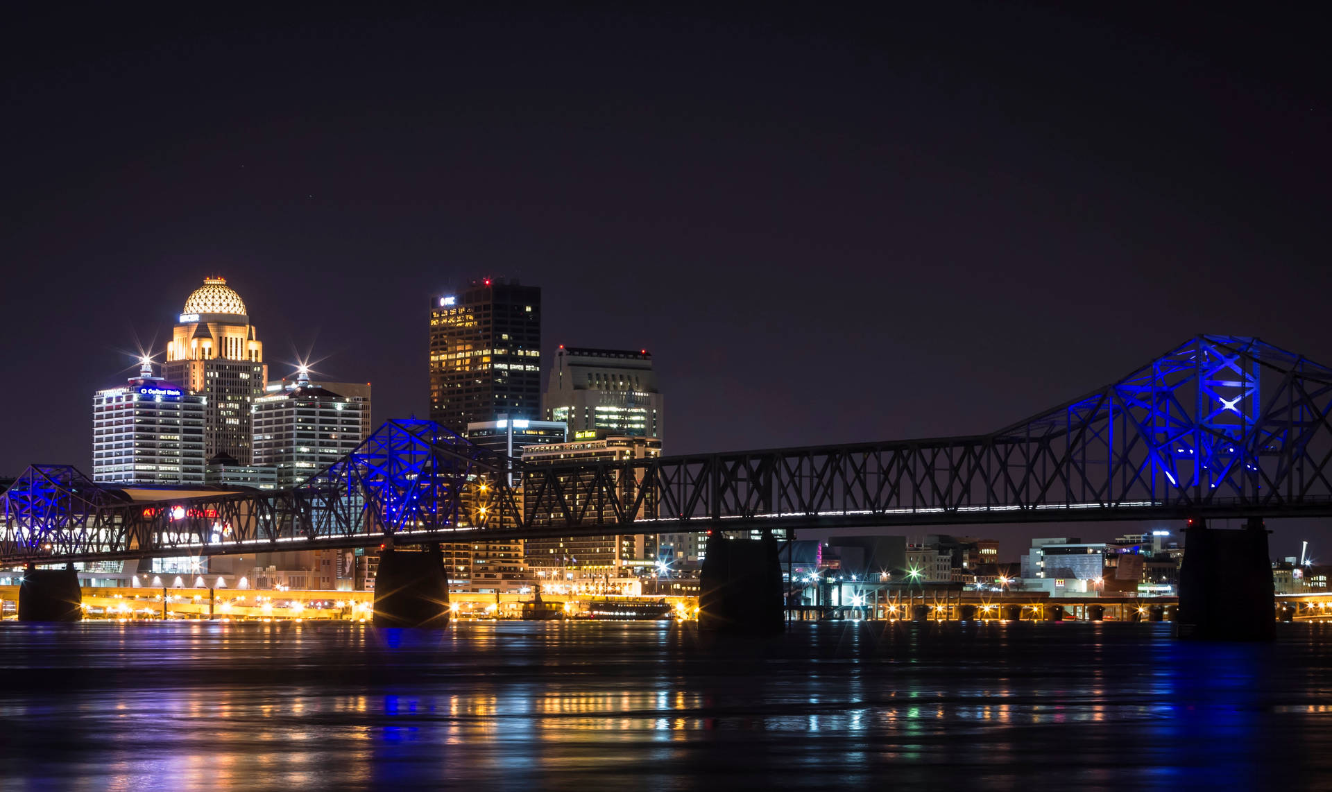 Blue Lights At The Famous Bridge In Louisville Wallpaper