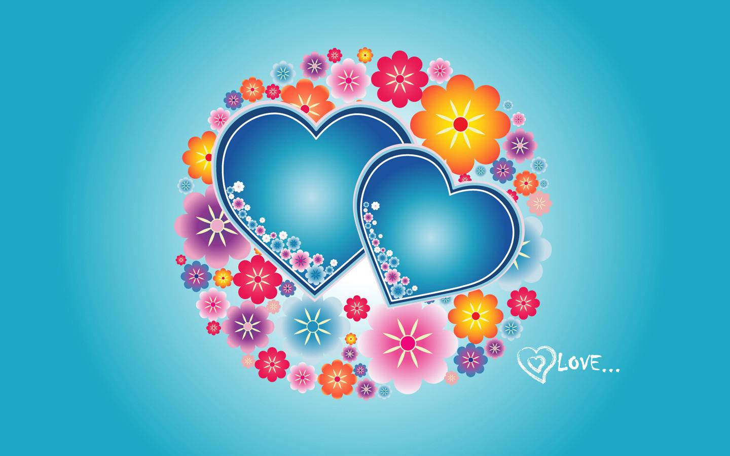 Blue Love Hearts Floral Wallpaper