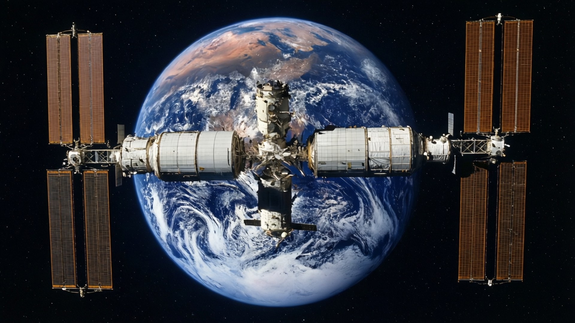 ISS schwebt über der Erde mit lebendigen blauen Ozeanen und weißen Wolken