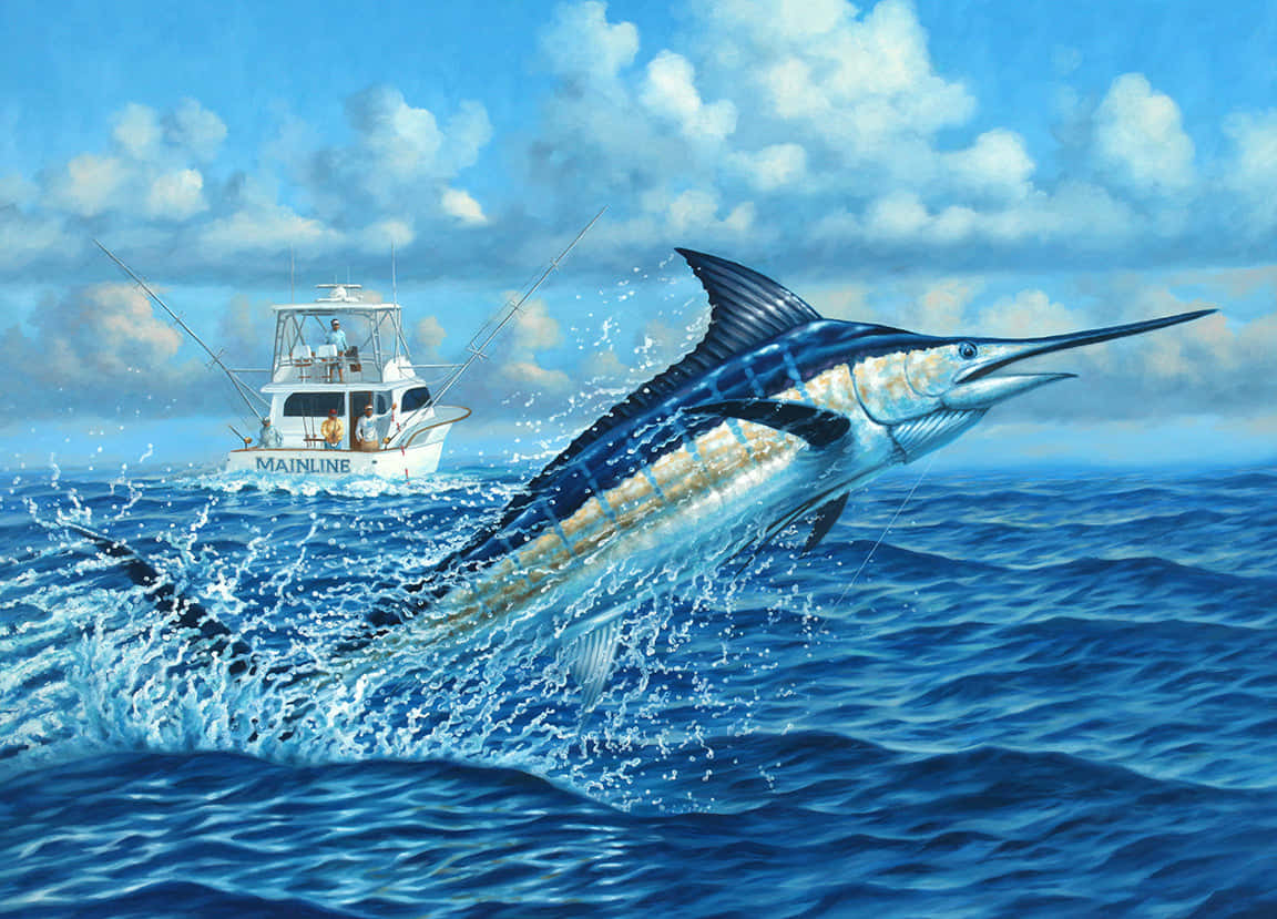 Blue Marlin Leaping Near Fishing Boat Wallpaper