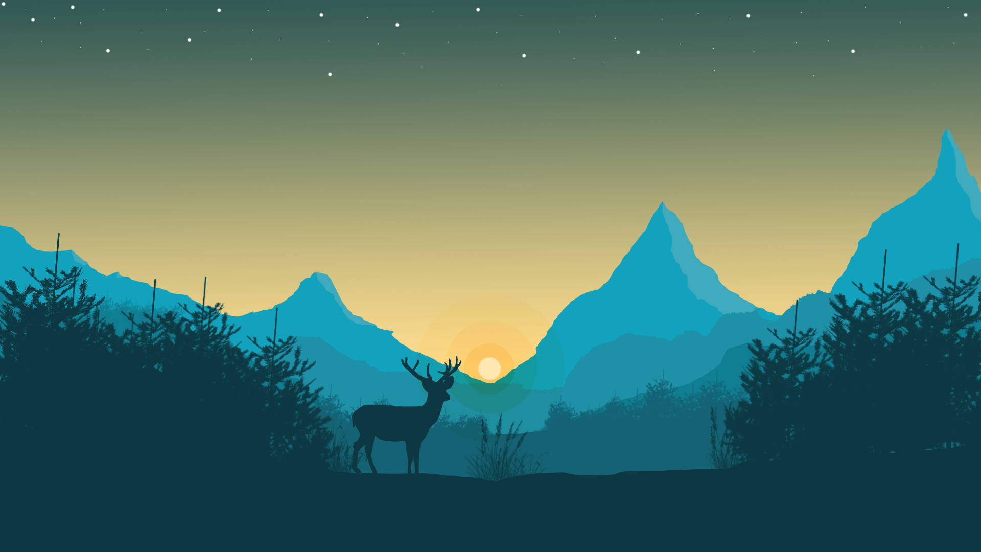 Blue Minimalist Deer And Mountain