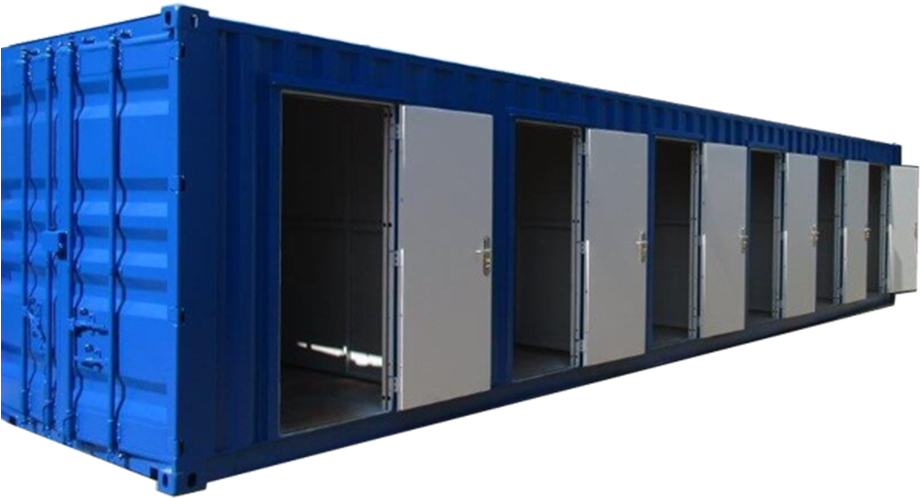 Blue Modified Shipping Containerwith Multiple Doors PNG