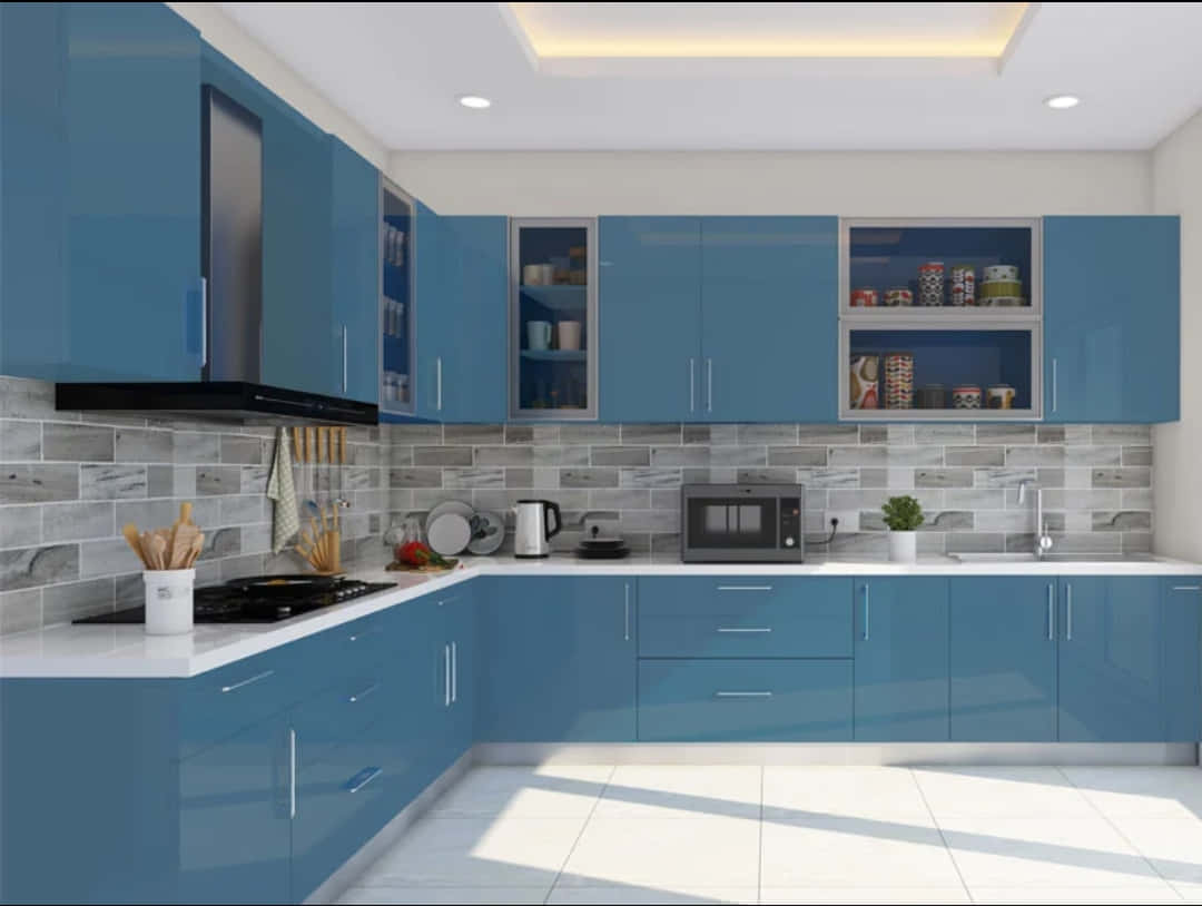 Blue Modular Kitchen With Bricked Wall Picture