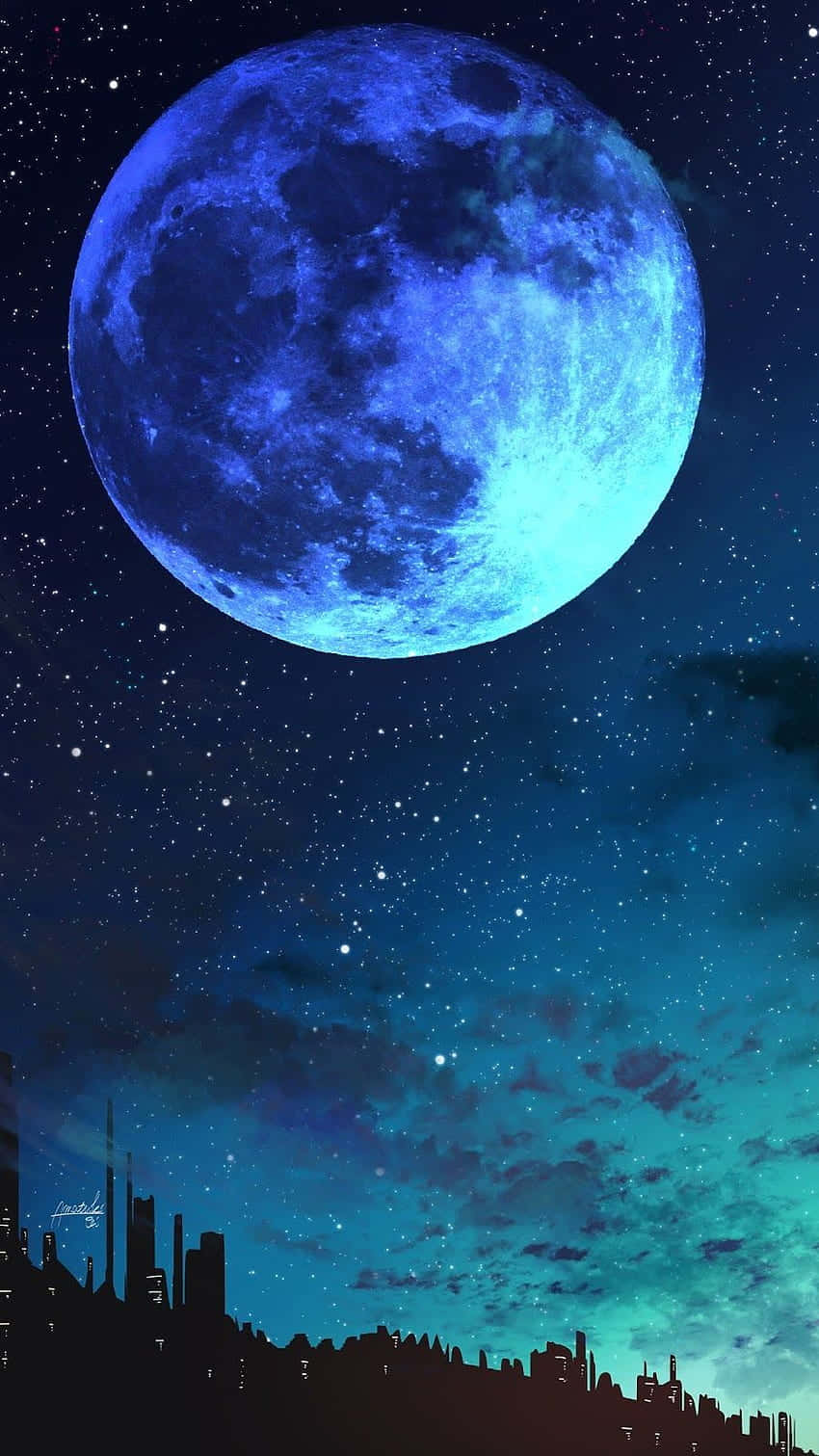 Blue Moon Over Cityscape Wallpaper