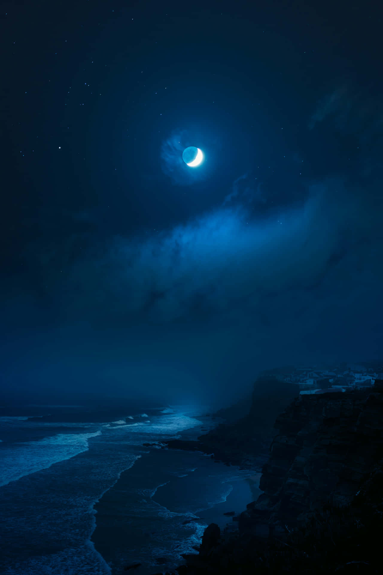 Blue Moon Over Coastline Night Scene Wallpaper