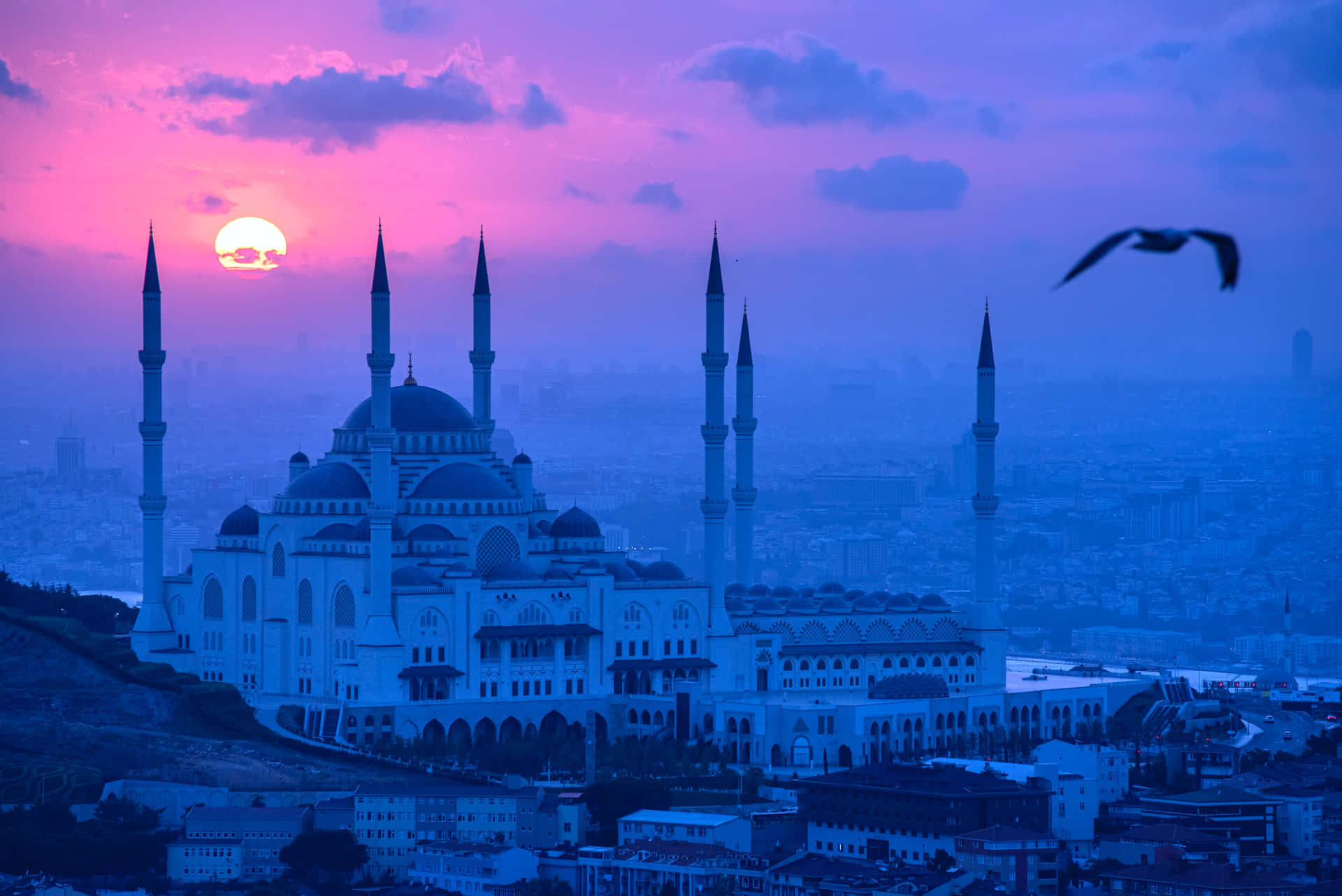 Blue Mosque In Blue And Pink Sky Wallpaper